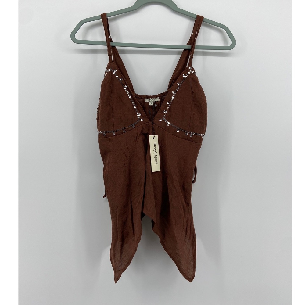 Speed Limit MPH Womens Brown Sequin Handkerchief Hem Camisole Top Boho L NEW